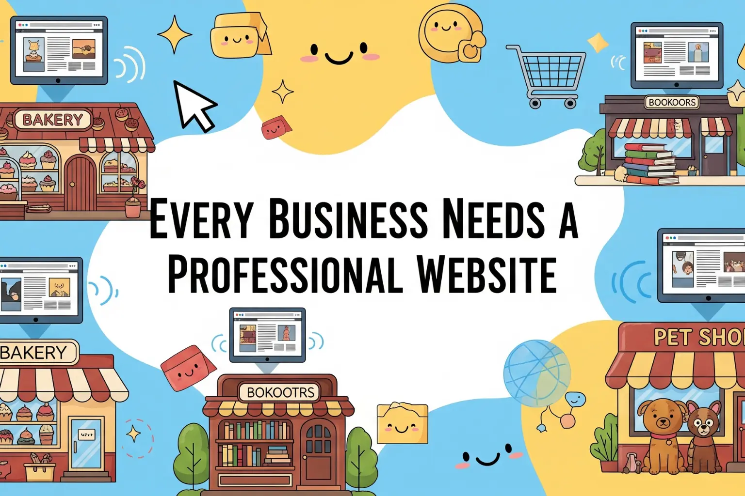 Alt text: A vibrant, student-friendly cartoon graphic emphasizing the need for an online presence. It shows several small businesses with professional websites floating above them, surrounded by internet icons. The central message, "Every Business Needs a Professional Website," is displayed in a playful font.
