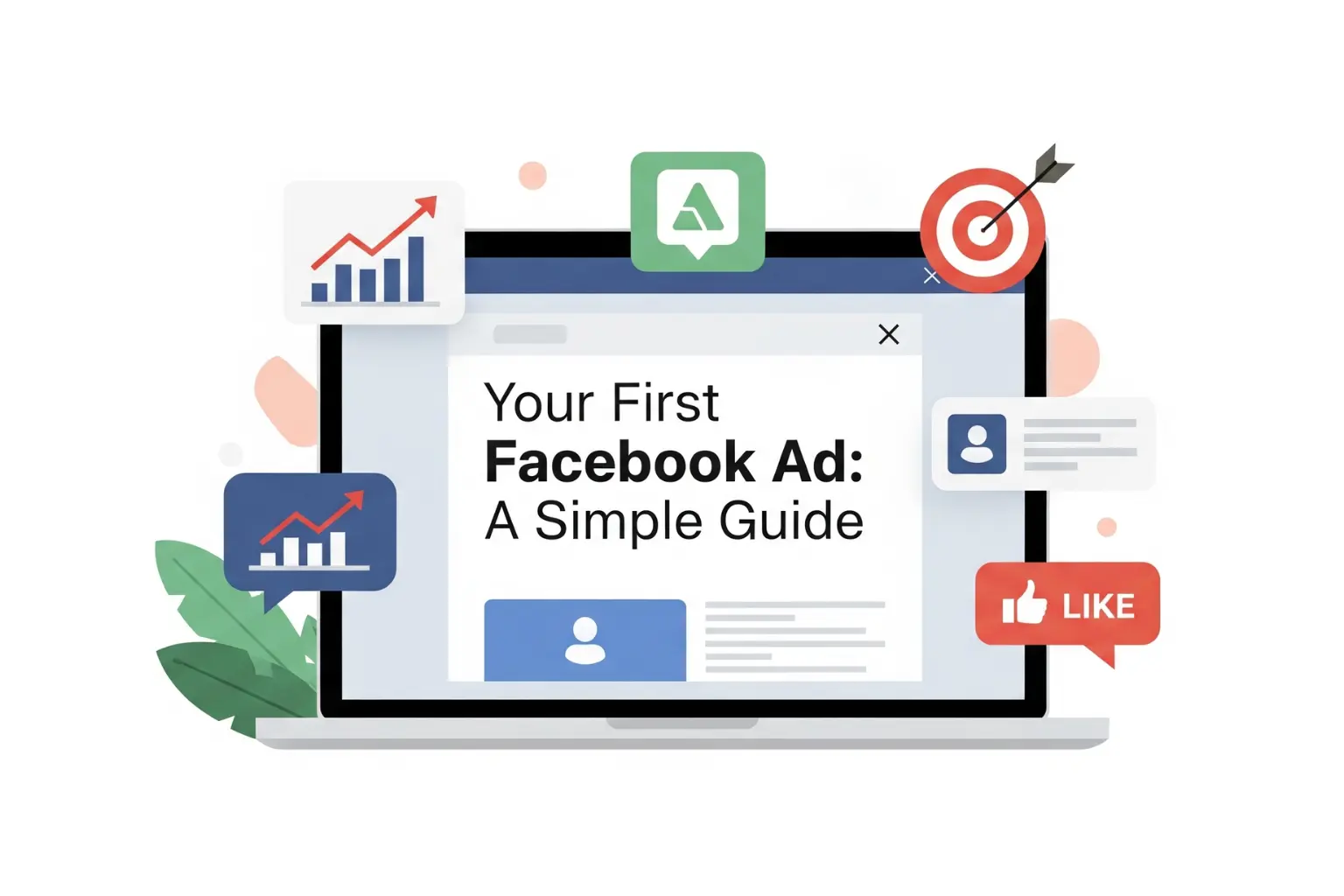 A feature image showing a laptop with the text 'Your First Facebook Ad: A Simple Guide', surrounded by icons representing ad targeting, engagement, and business growth.